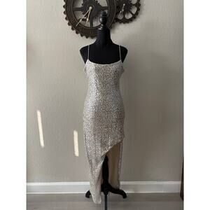 THIRTY/THIRTY LA Formal Dress Nude with Silver Sequins SzL High Low Sexy Evening
